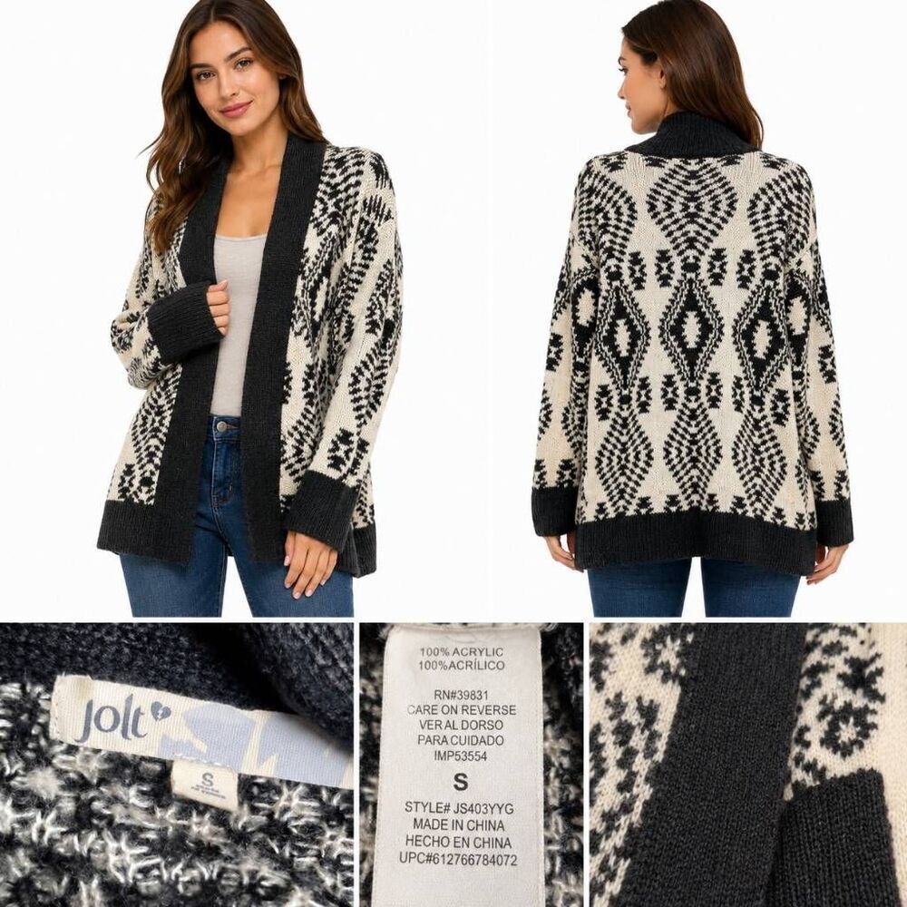 Jolt Aztec Knit Cardigan S Black Cream Open Front